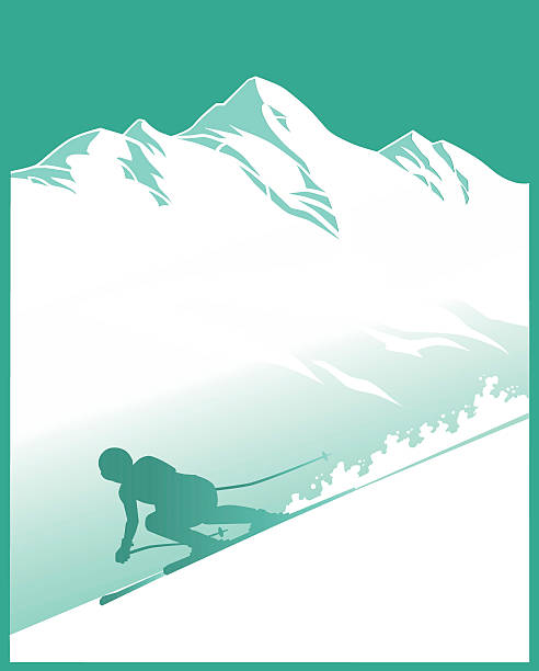 ilustrações, clipart, desenhos animados e ícones de montanhas cobertas de neve com esquiadora alpina-silhueta - skiing sports race ski mountain range