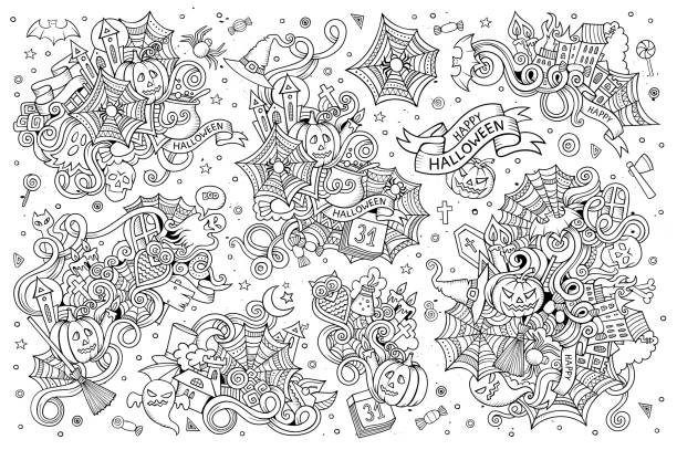 illustrations, cliparts, dessins animés et icônes de croquis de vecteur dessiné main dessin doodle ensemble d'objets - spooky cemetery single flower flower