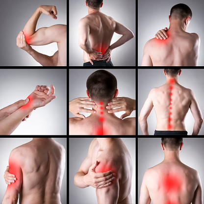 Pain in a man's body on a gray background. Collage of several photos with red dots