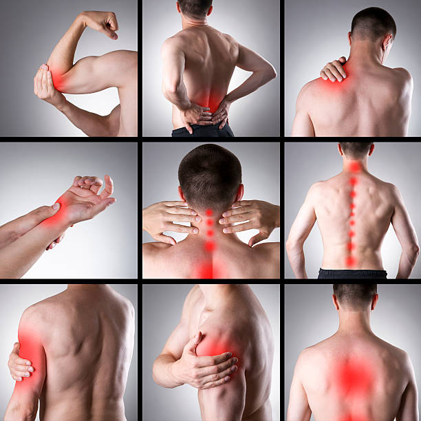 Pain in a man's body Pain in a man's body on a gray background. Collage of several photos with red dots joint body part photos stock pictures, royalty-free photos & images