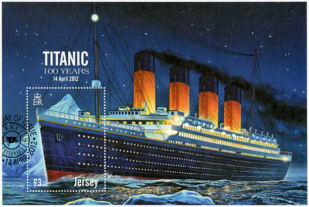 briefmarke jersey zeigt "titanic" 100 jahre 2012 - eisberg eisgebilde stock-fotos und bilder