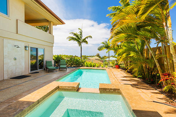 istock Home with Pool and Hot Tub at Sunset 490554541