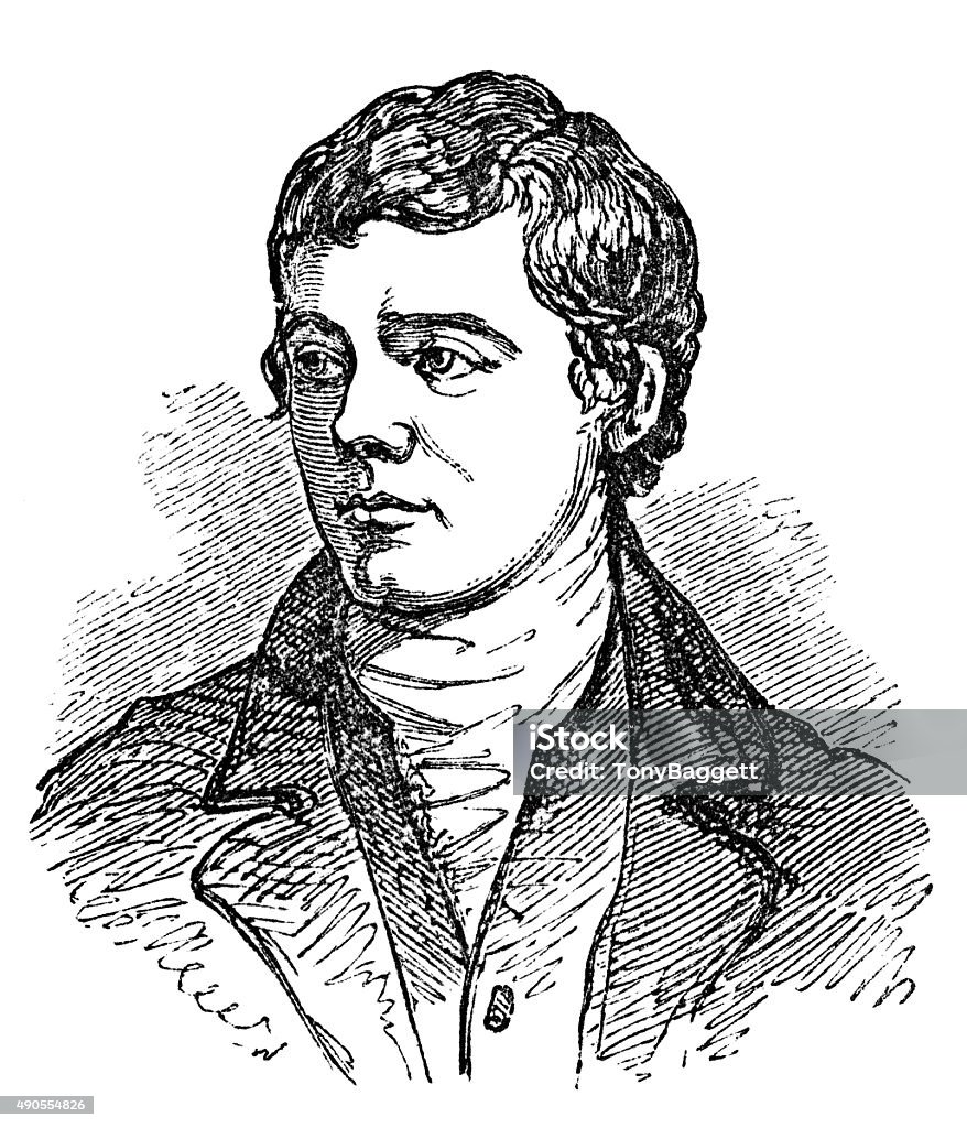 Robert Burns An engraved vintage illustration portrait drawing of Robert Burns, the famous Scottish poet and author of Auld Lang Syne, from a Victorian book dated 1854 that is no longer in copyright Robert Burns - Writer stock illustration