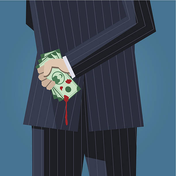 Business man with money behind his back Business man with bloody money behind his back. Hires JPEG (5000 x 5000 pixels) and EPS10 file included. bloody money stock illustrations