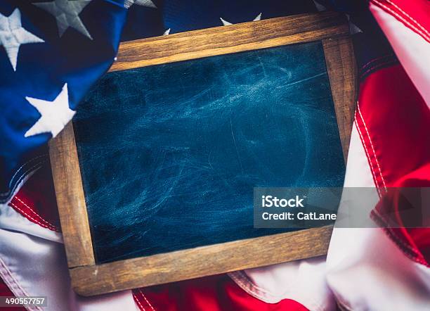 Rustic Chalkboard On American Flag Stock Photo - Download Image Now - American Flag, Backgrounds, Old-fashioned