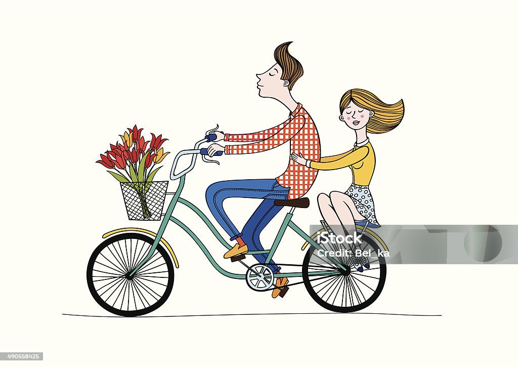 bike boy and girl Boy and girl  rides a bicycle. Adolescence stock vector