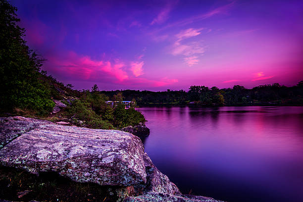 A violet sunset over a calm lake with trees on a rocky shoreline.