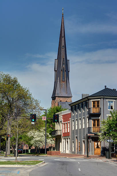 Downtown Square A church steeple seen from Huntsville's town square. huntsville alabama stock pictures, royalty-free photos & images