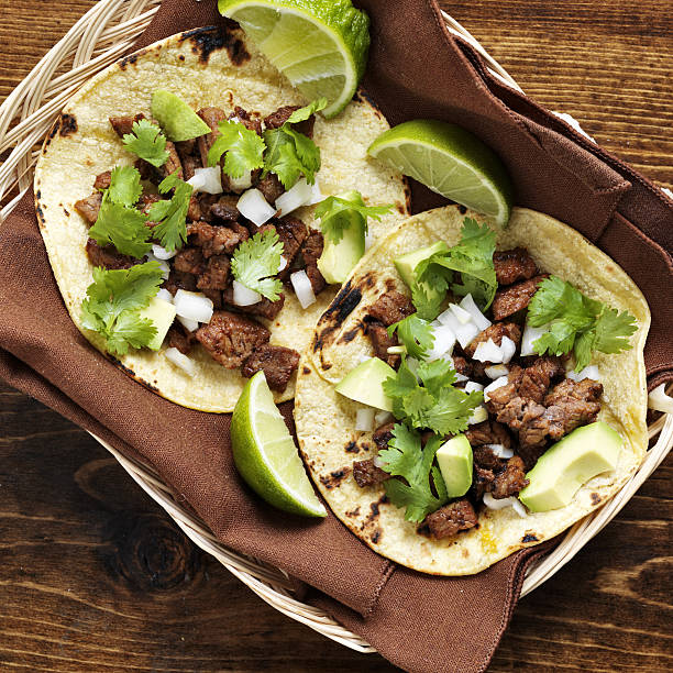 overhead view of two traditional tacos in a basket.