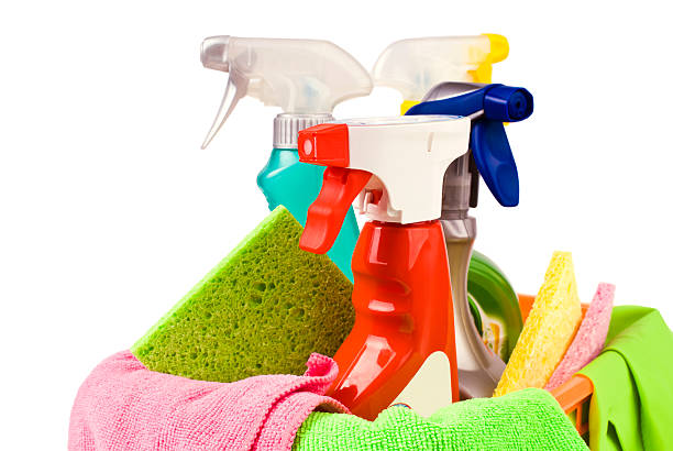 istock Basket with cleaning items isolated on white 490560833