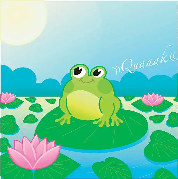 Vector illustration of cute Frog on a lake with Searoses (moonshine).