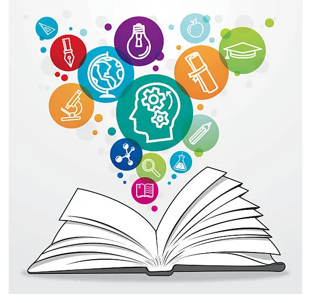 Vector illustration of Open book with colourful education symbols