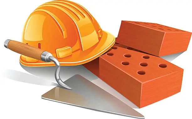 Vector illustration of Bricks, hard hat, trowel