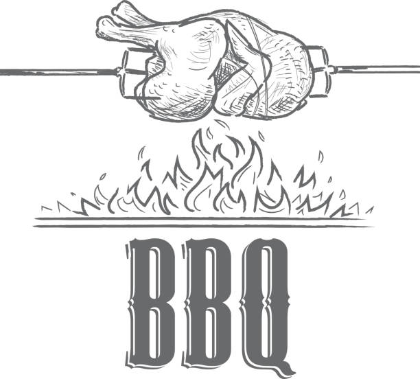 ilustraciones, imágenes clip art, dibujos animados e iconos de stock de blanco y negro de verano rostisserie plantilla de diseño de pollo a la barbacoa - roasting spit