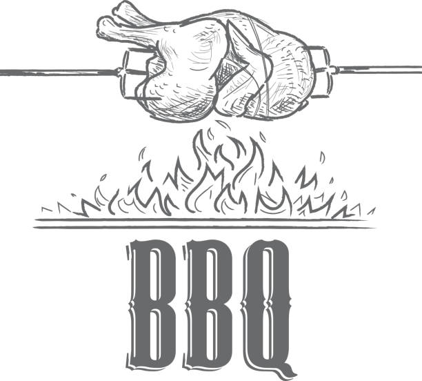 illustrations, cliparts, dessins animés et icônes de noir et blanc de poulet barbecue d'été rostisserie design template - rotisserie chicken barbecue grill food