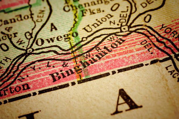 Binghamton, New York on an Antique map Binghamton, New York on 1880's map. Selective focus and Canon EOS 5D Mark II with MP-E 65mm macro lens. binghamton ny stock pictures, royalty-free photos & images