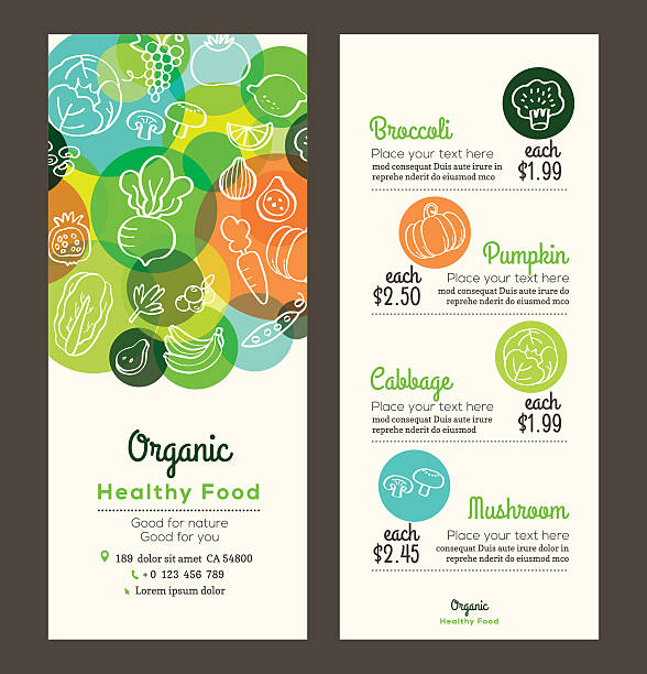 gesunde speisen mit bio-obst und gemüse speisekarten-flyer flugblatt - salad vegetable pumpkin broccoli stock-grafiken, -clipart, -cartoons und -symbole