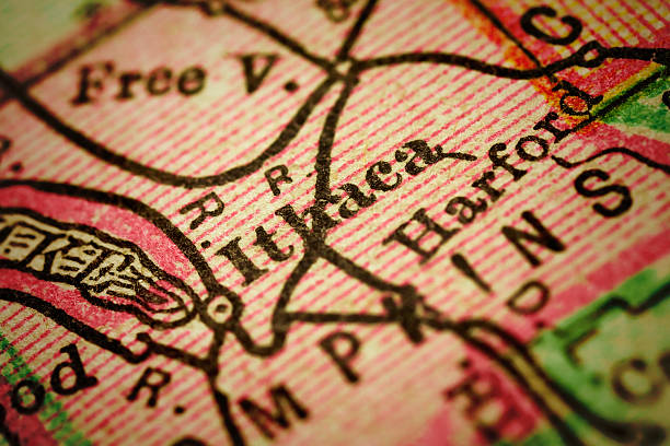 Ithaca, New York on an Antique map Ithaca, New York on 1880's map. Selective focus and Canon EOS 5D Mark II with MP-E 65mm macro lens. ithaca stock pictures, royalty-free photos & images