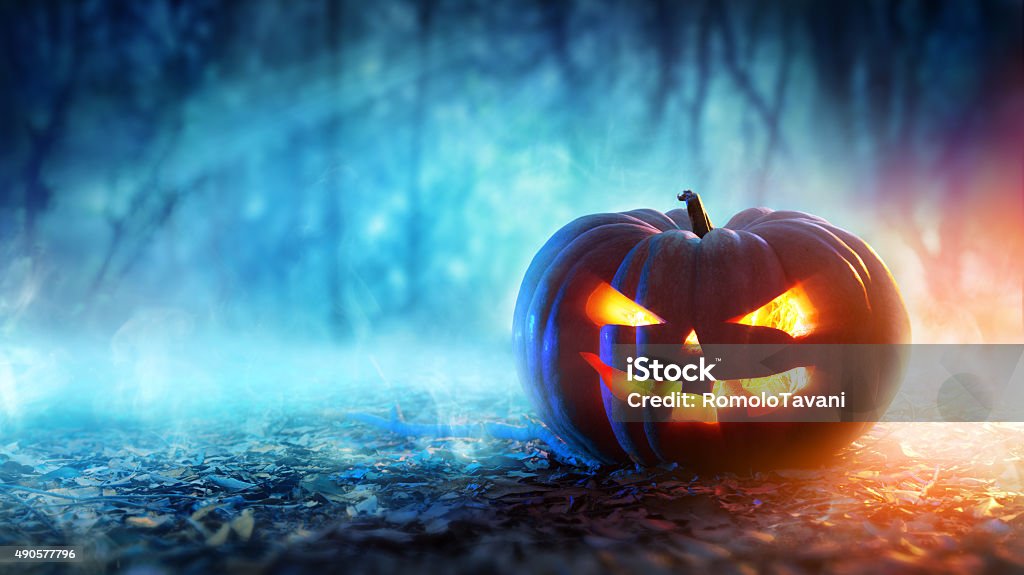 Halloween Pumpkin In A Mystic Forest At Night Jack O' Lantern on leaves in the woods Jack O' Lantern Stock Photo