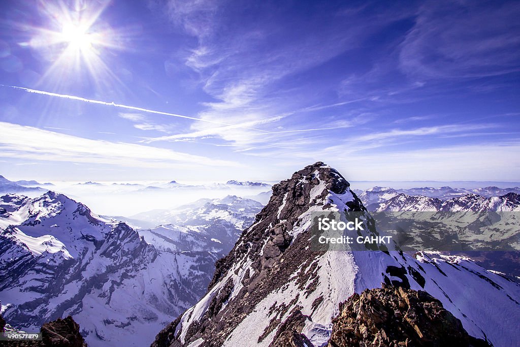 Alps Alps mountain landscape in the fog , Switzerland Aiguille de Midi Stock Photo