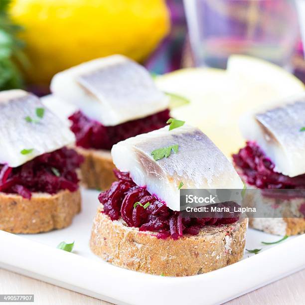 Canape Herring With Beets On Rye Toast Tasty Starter Appertise Stock Photo - Download Image Now