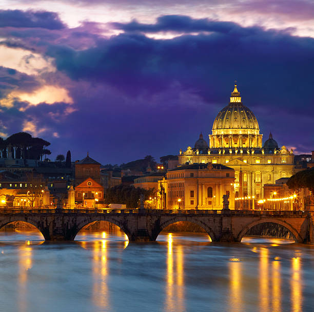 Basilica St. Peter in Rome, Italy. Night view after sunset stock photo
