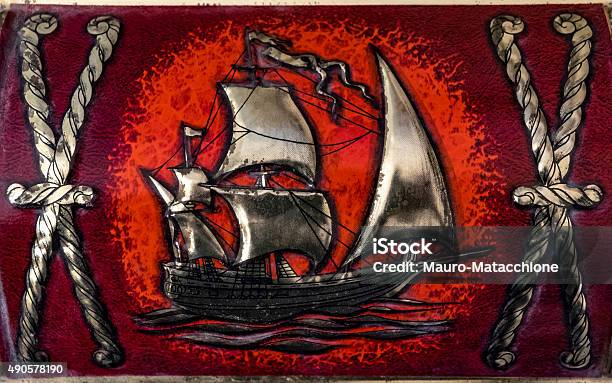 Sailing Ship Metal Plate Stock Photo - Download Image Now - 2015, Ancient, Brown