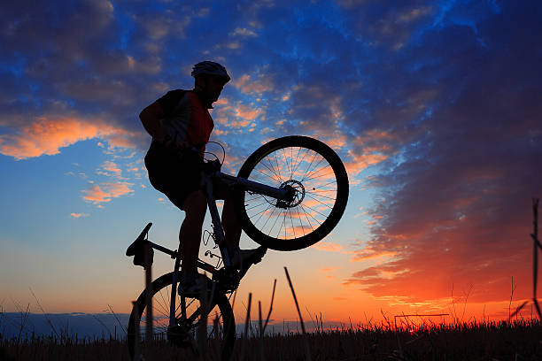istock Silhouette of a biker and bicycle on sunset background. 490579098