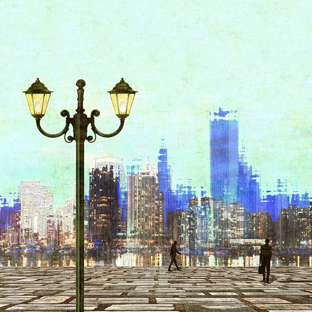 istock Textured city skyline with old street lamp and small figures 490579332