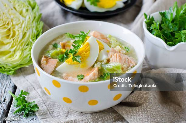 Millet Soup With Salmon And Young Cabbage Stock Photo - Download Image Now - Appetizer, Bowl, Chive