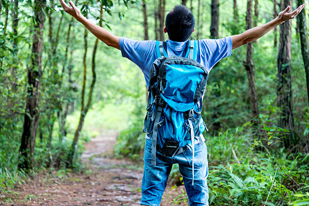 istock Asian woman enjoying fresh air in forest 490580864