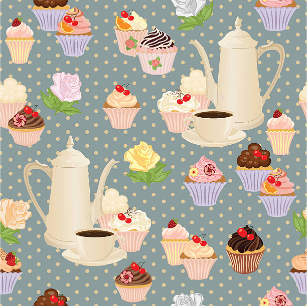 nahtlose muster mit kaffeekanne, tassen, kuchen und rosen. - tea cup coffee cup teapot domestic kitchen stock-grafiken, -clipart, -cartoons und -symbole