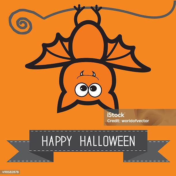 Cute Bat And Black Ribbon Contour Orange Background Halloween Flat Stock Illustration - Download Image Now