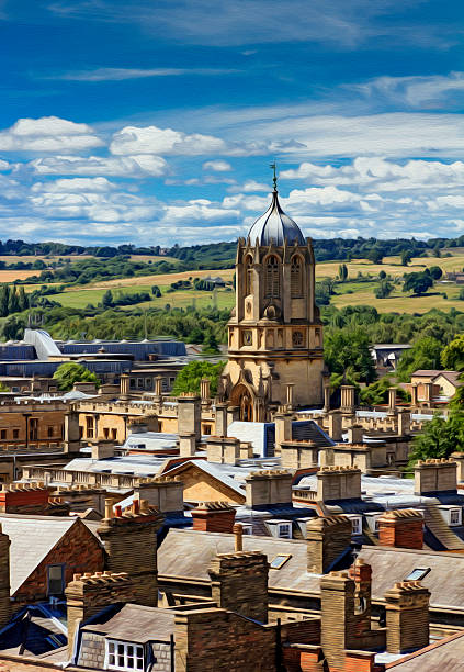 roofs and spires of oxford, oil paint stylization stock photo