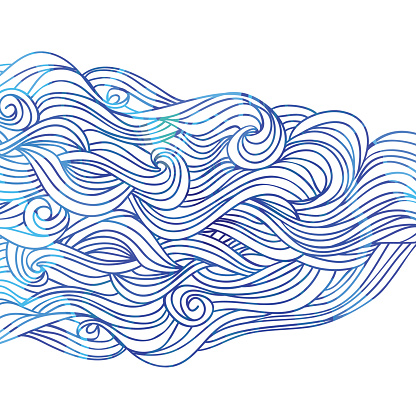 Abstract hand-drawn pattern, blue waves background.  Watercolor backdrop. Vector illustration