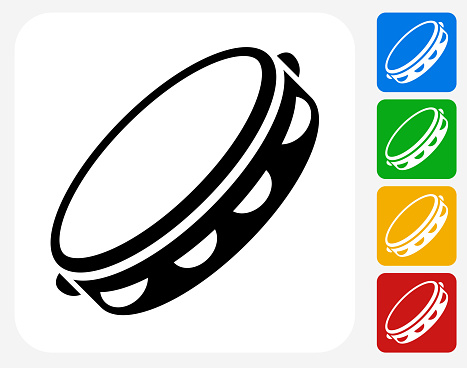 Tambourine Icon. This 100% royalty free vector illustration features the main icon pictured in black inside a white square. The alternative color options in blue, green, yellow and red are on the right of the icon and are arranged in a vertical column.