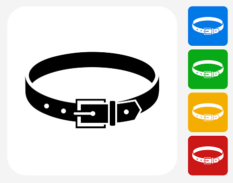 Belt Icon. This 100% royalty free vector illustration features the main icon pictured in black inside a white square. The alternative color options in blue, green, yellow and red are on the right of the icon and are arranged in a vertical column.