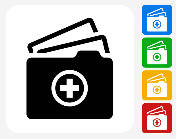Medical Files Icon Flat Graphic Design Medical Files Icon. This 100% royalty free vector illustration features the main icon pictured in black inside a white square. The alternative color options in blue, green, yellow and red are on the right of the icon and are arranged in a vertical column. medical record stock illustrations