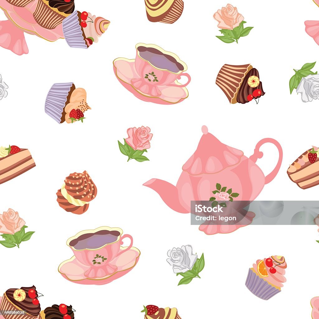 Seamless pattern with teapot, cups, cakes and roses. Vector seamless pattern with teapot, cups, cakes and flowers. Ornate stock vector