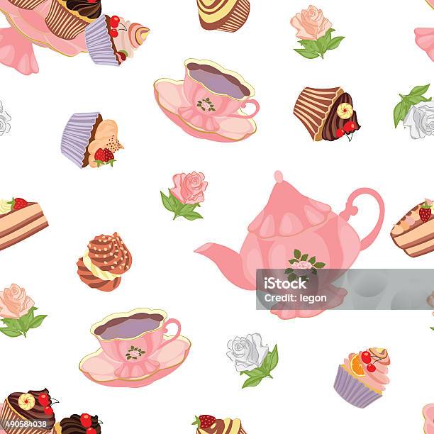 Seamless Pattern With Teapot Cups Cakes And Roses Stock Illustration - Download Image Now