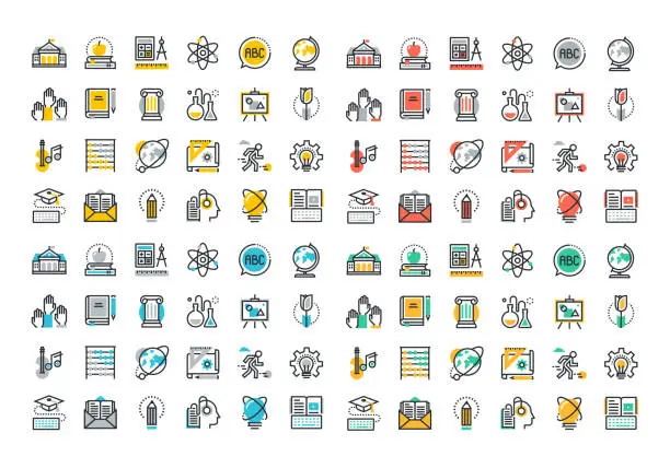 Vector illustration of Flat line colorful icons collection of education