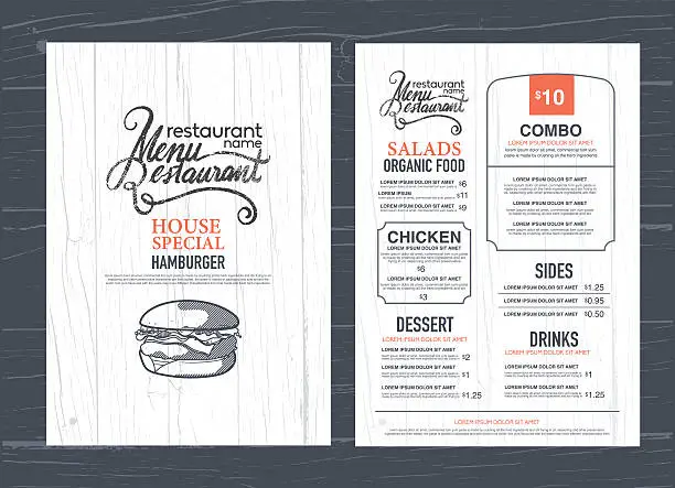 Vector illustration of vintage restaurant menu design and wood texture background..