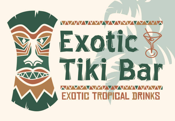 Exotic Tiki Bar Tiki design illustration with tropical leaves totem pole stock illustrations