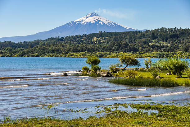 View of the smoking Villarrica Volcano, Villarrica, Chile stock photo