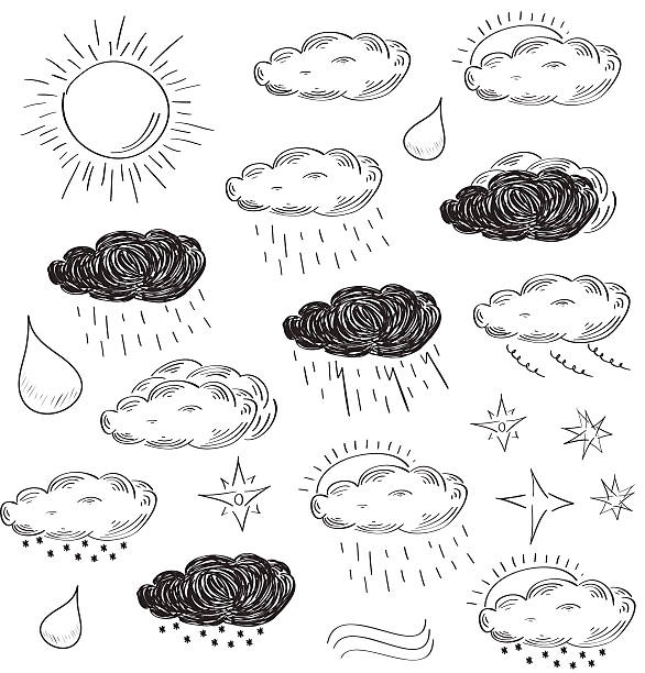 ilustrações, clipart, desenhos animados e ícones de conjunto de ícones do tempo. desenho de ilustração vetorial. - thunderstorm rain sun lightning