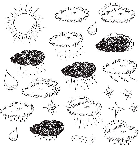 Weather icons set. Sketch vector illustration. Weather theme on white background.
