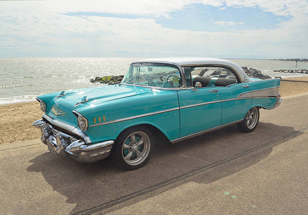 Felixstowe, Suffolk, England - August 29, 2015: Classic Light Blue Chevrolet Belair on show on Felixstowe seafront.