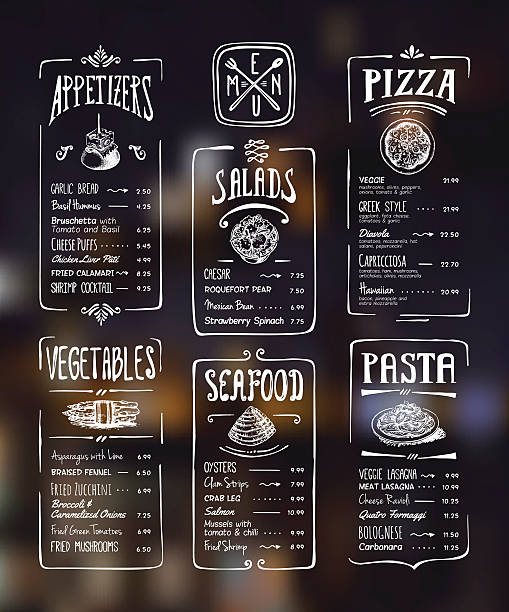 stockillustraties, clipart, cartoons en iconen met menu template. white drawing on dark background - saladekom