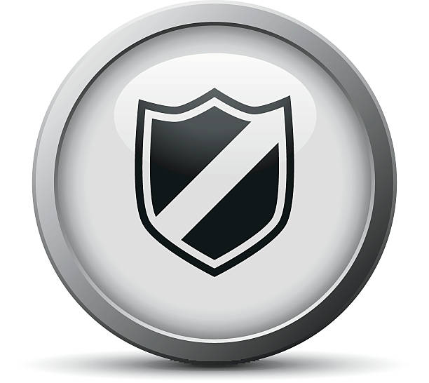 Ícone de escudo em um botão de prata. SilverSeries - ilustração de arte em vetor