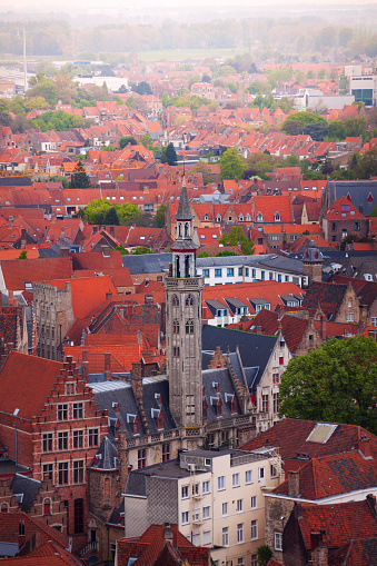 View from top of the Bruges cityscape in summer, Bruges, Belgium